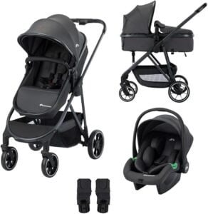 Grey baby stroller travel system with bassinet, car seat, and parent-facing seat accessories in one set