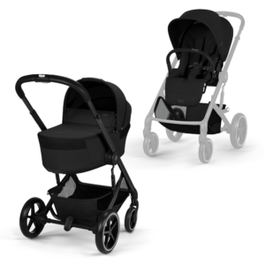 Two baby strollers: a bassinet-pram on the left and a seat-stroller on the right, both black in color.