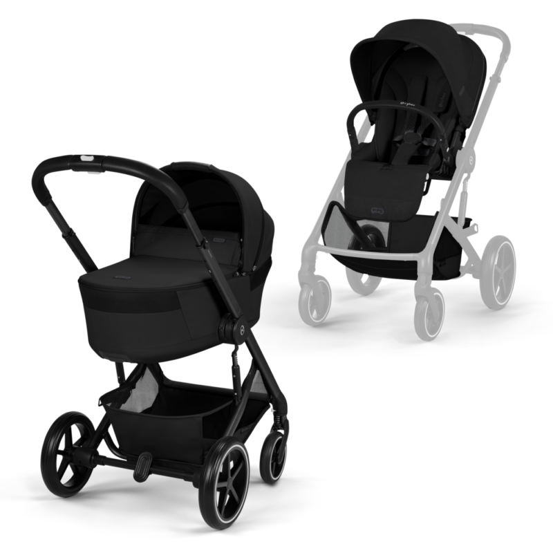 Two baby strollers: a bassinet-pram on the left and a seat-stroller on the right, both black in color.