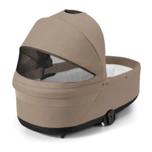 Beige baby stroller bassinet with mesh canopy window and black base, designed for newborns