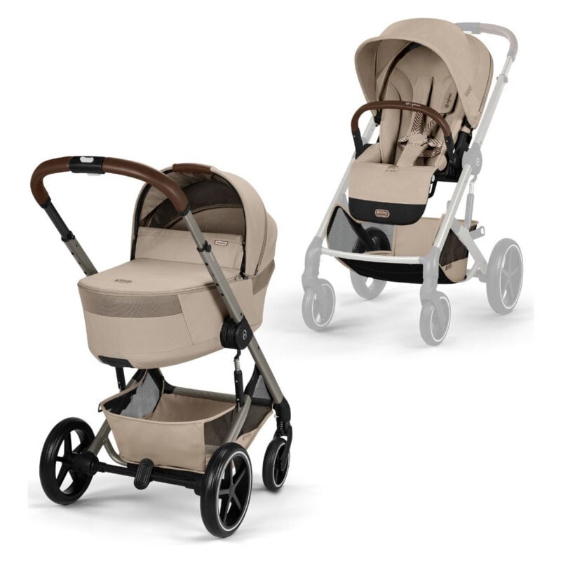 Cybex-Balios-S-Tpe-Sklopiva-Koara-Almond-Beige-20260731-224001 Beige travel system with bassinet and matching car seat on stroller frame in taupe tones.