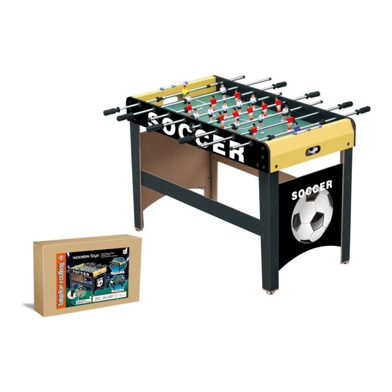 Stolni-Nogomet-19120496-Slika-1-20260701135929898085 Foosball table with yellow sides and green playing field, red and white player figures, labeled 'SOCCER' on the side edge.