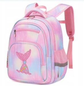 Pastel pink and lavender kids' backpack with mermaid tail embroidery on the front pocket.