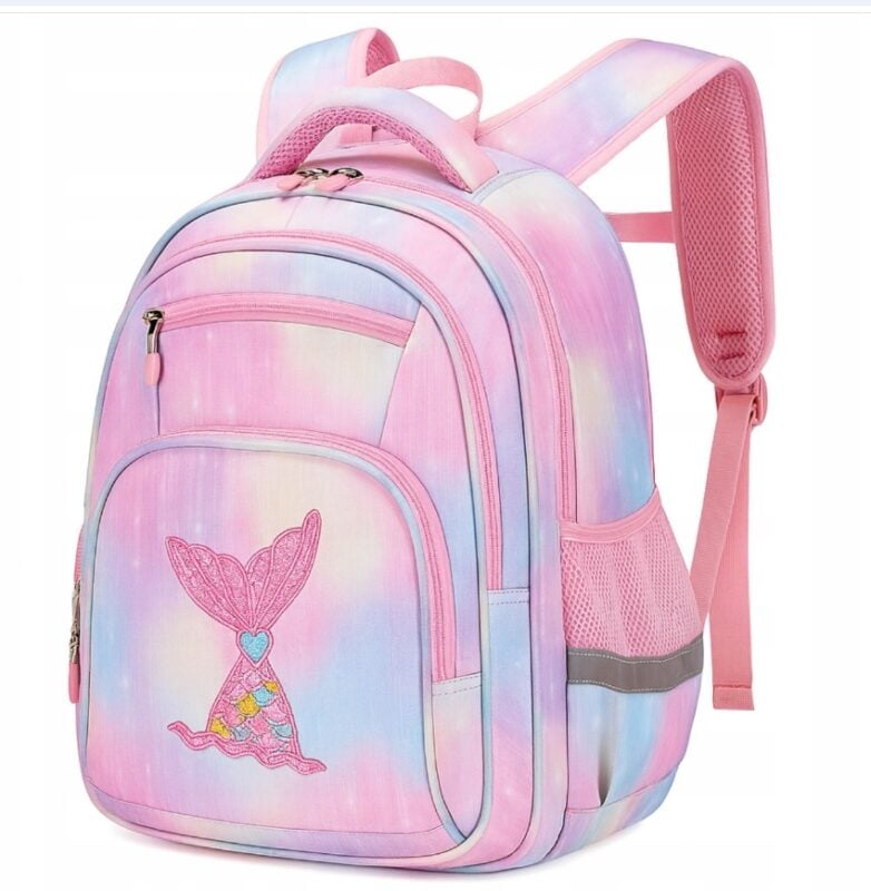 Pastel pink and lavender kids' backpack with mermaid tail embroidery on the front pocket.
