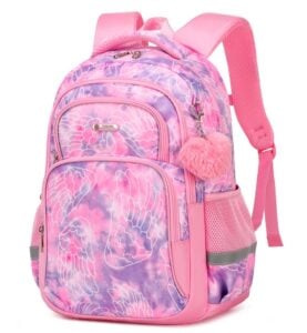 Pink and purple kids' backpack with wing-pattern print, pink straps, multiple zipped pockets, and a fluffy pink pom-pom charm on the front pocket.