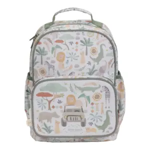 Child-sized backpack with pastel jungle animal print and front pocket, top handle visible