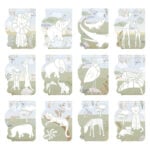 Sixteen pastel animal silhouettes in nature scenes, including lion, elephant, dinosaur, giraffe, monkey, bird, and bear, on soft blue skies and greenery.