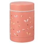 Pink insulated thermos bottle with a butterfly pattern and white lid edge (lunch jar)